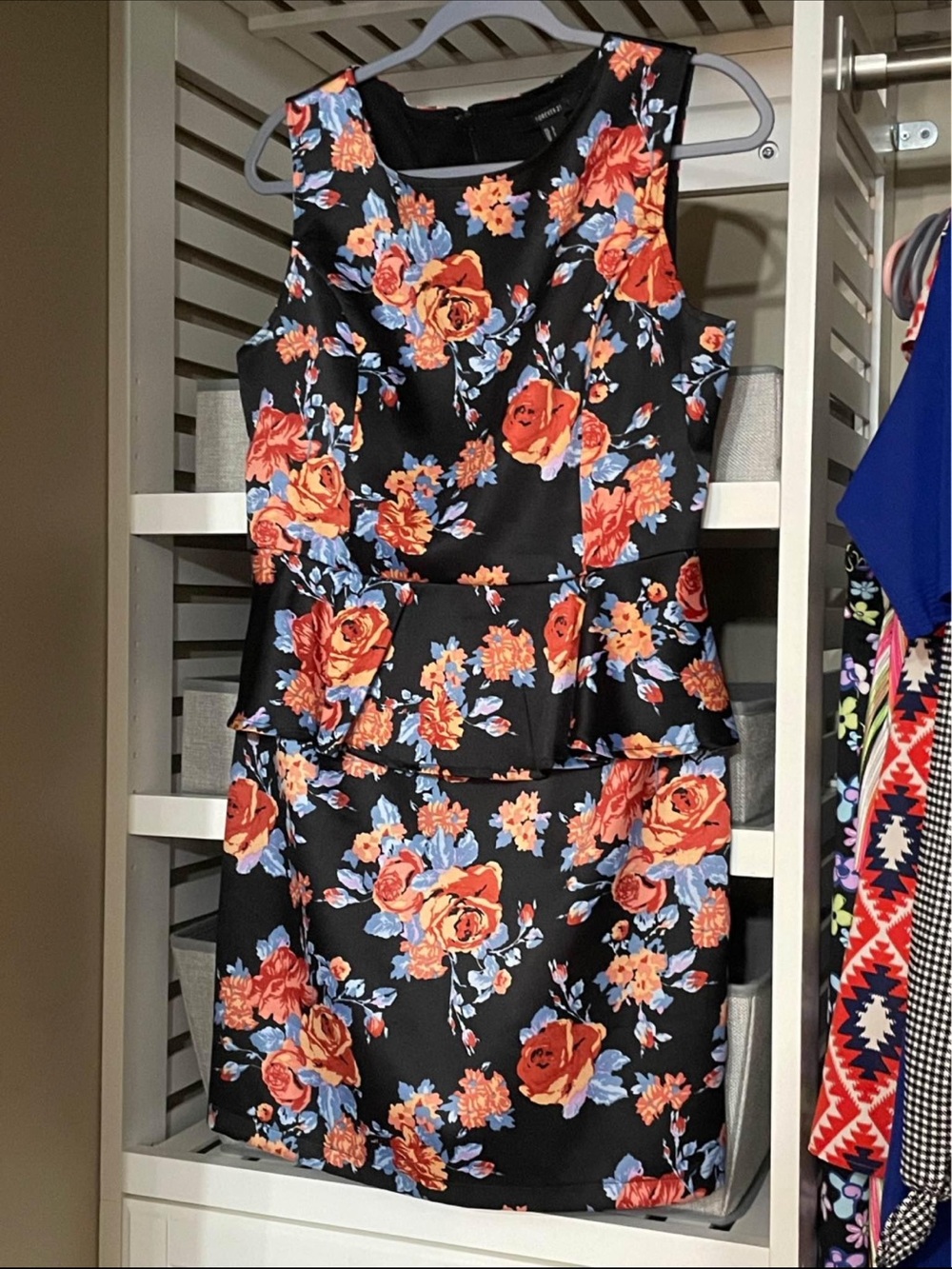 Forever 21 Black Floral Peplum Dress with Orange & Blue Flowers